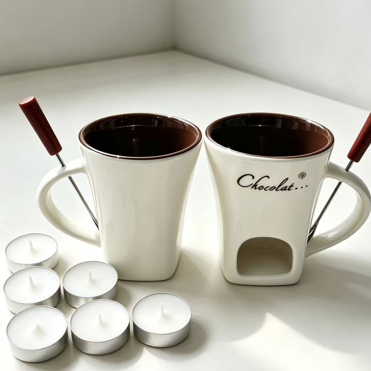 Contenedor de chocolate queso derretido dulces mantequilla hot pot mug con tenedor cerámica taza de hot pot calentada de Navidad image 4