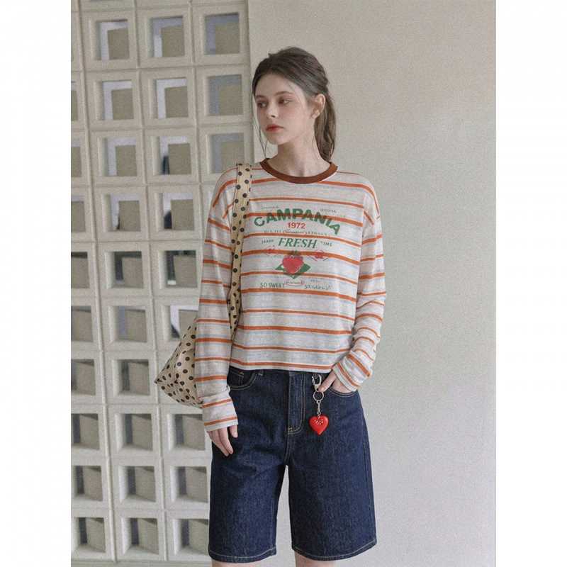 Real shot, real price: Korean-style printed striped round-neck sun protection cardigan for women, loose-fitting, slimming, long-sleeved T-shirt top for autumn Real shot, real price: Korean-style printed striped round-neck sun protection cardigan for women, loose-fitting, slimming, long-sleeved T-shirt top for autumn