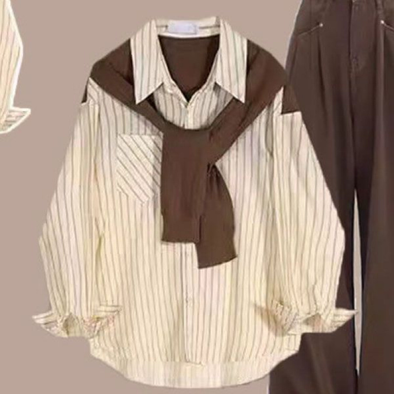 봄 가을 세트 여성 세트 여학생 한국 느슨한 대학 스타일 줄무늬 셔츠 높은 허리 청바지 투피스 JQ