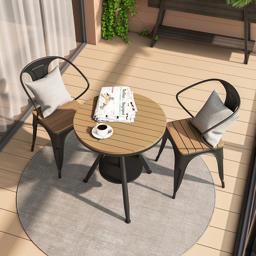 阳台庭院防晒小圆桌户外塑木休闲餐桌椅组合咖啡厅甜品店一桌两椅