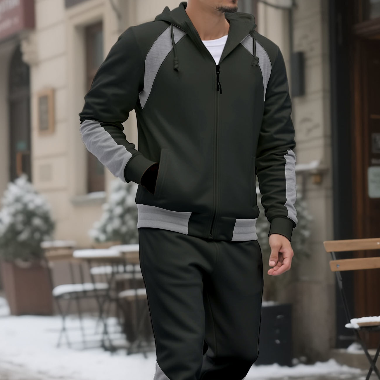 Europa y los Estados Unidos transfronterizos otoño y invierno deportes de ocio con cremallera hombre cardigan conjunto de suéter empalmado color contrastante capuchón suelto dos piezas conjunto