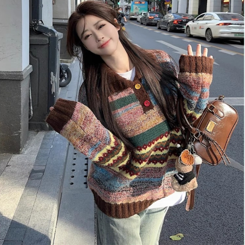 Retro Colorful Striped Lapel Sweater, Autumn and Winter Long-Sleeve Loose Knit Pullover, Soft and Cozy Color-Blocked Lazy Style Coat for Women Retro Colorful Striped Lapel Sweater, Autumn and Winter Long-Sleeve Loose Knit Pullover, Soft and Cozy Color-Blocked Lazy Style Coat for Women