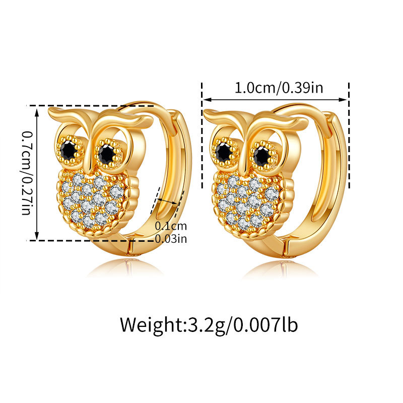 Fibbia per orecchie a forma di gufo animale, zircone, orecchini piccoli squisiti, orecchini di nicchia dal design unico placcati in rame K oro_voghion.com