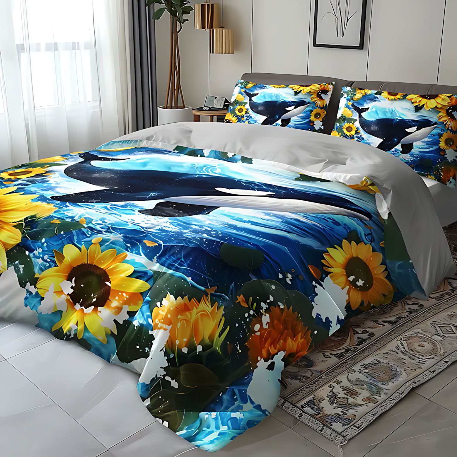 TEMU / JIT girasol tema marino set edredón transfronterizo molido edredón de impresión digital se puede diseñar