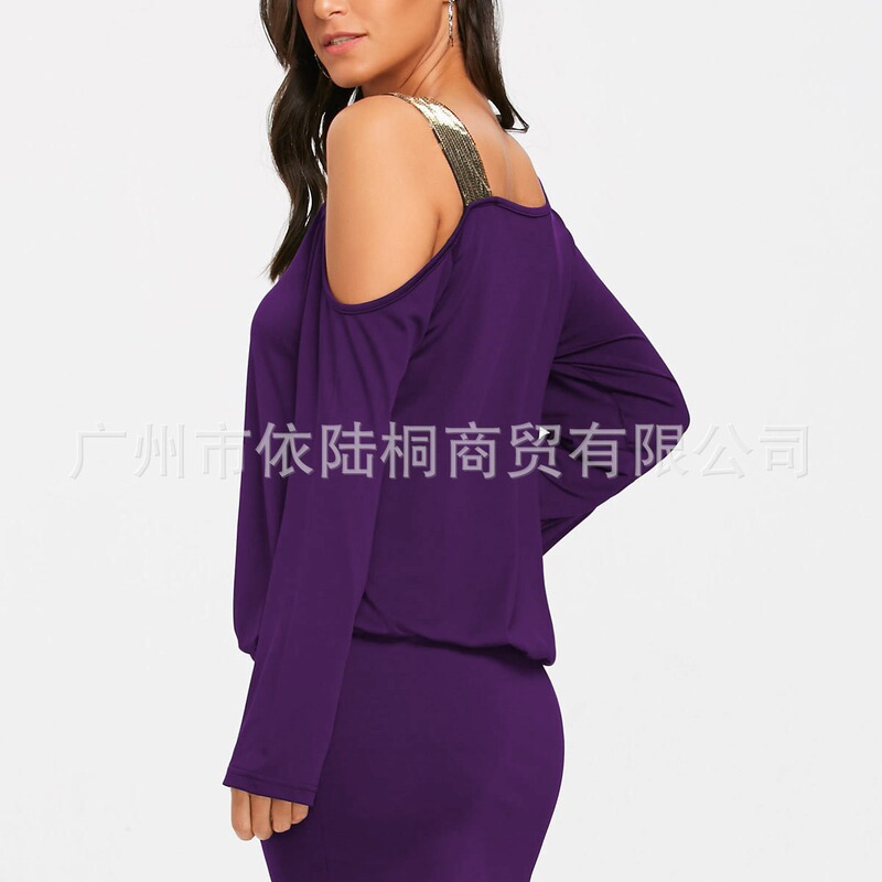 2024 cross-border dress elegant black slim-fit long-sleeved off-shoulder suit mini skirt European and American sequined waist-tight 2024 cross-border dress elegant black slim-fit long-sleeved off-shoulder suit mini skirt European and American sequined waist-tight