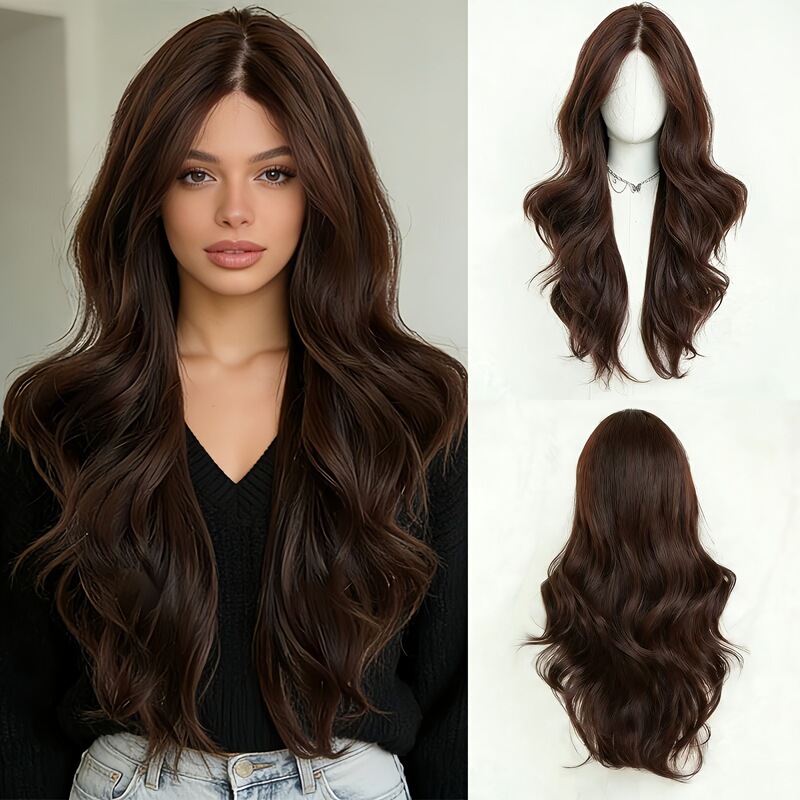 Cross-Border Wig for Women, Long Curly Hair, Big Waves, Dark Brown, Natural Full Wig, Middle Parting, Realistic Hair, Can Be Permed and Dyed, Factory Wholesale