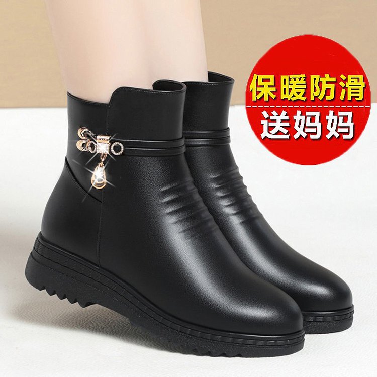 妈妈棉鞋女软皮冬季加绒棉靴平底软底短靴防滑保暖雪地靴中年皮靴|undefined