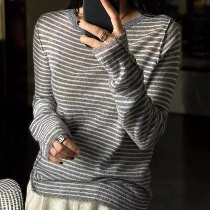Ультратонкий шерстяной нижний свитер женский тонкий вязаный свитер женский свободный кашемировый свитер в полоску с джокером