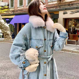 冬季2025新款仿狐狸毛牛仔外套女加绒加厚保暖派克服毛领百搭棉服
