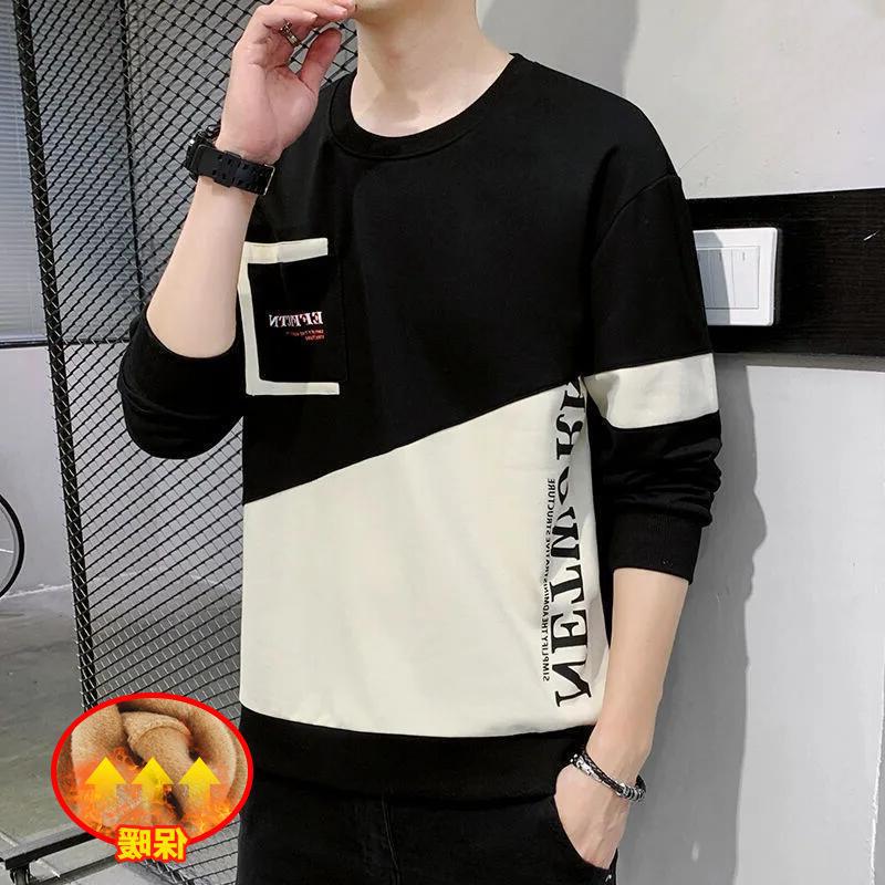 Suéter de los hombres de otoño forrado de lana suéter de manga larga cuello redondo camisa de fondo de los hombres de moda cuello redondo costura popular contraste color ropa de los hombres