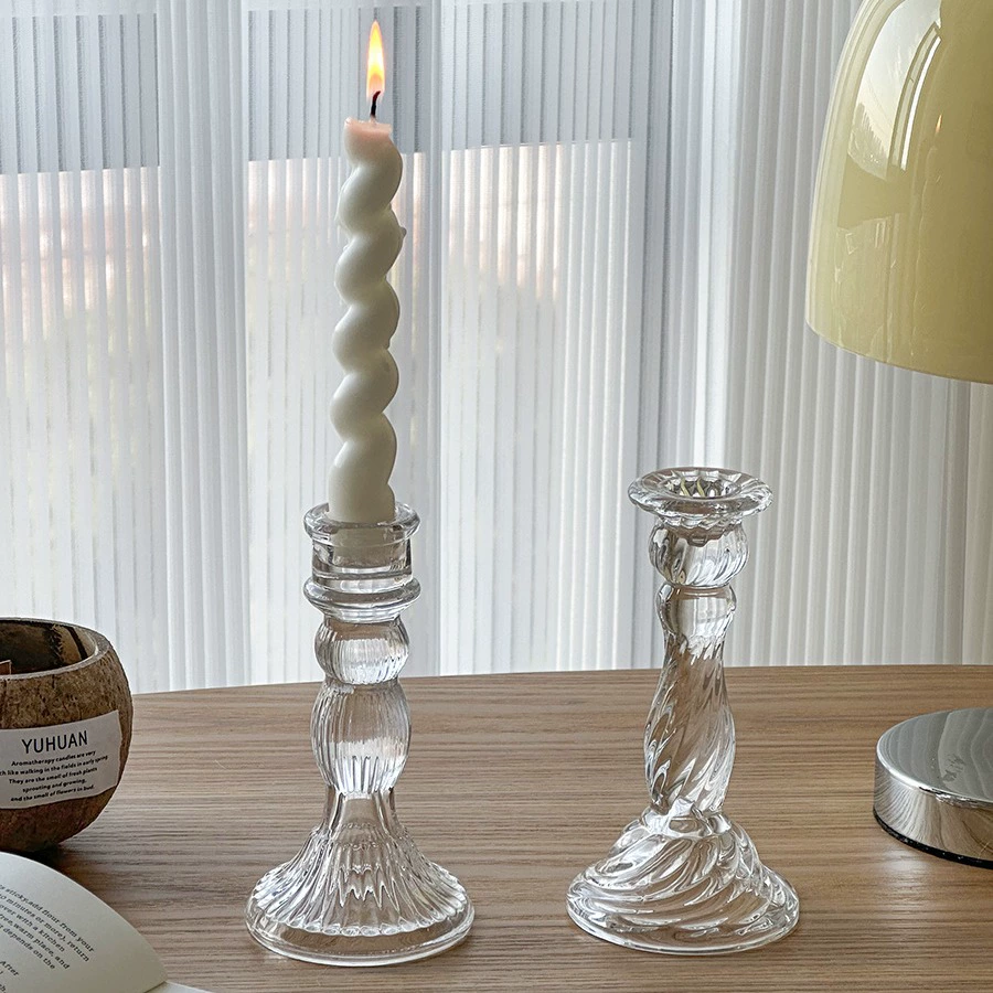 Стеклянная candlestick французский рельеф средний, прозрачное стекло декор столика 18 см