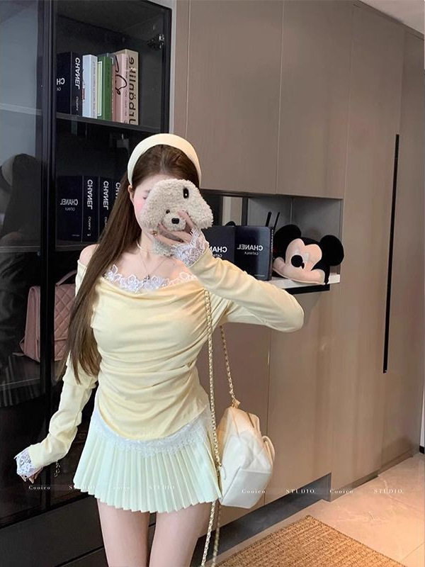 Pure Desire Hot Girl ワンショルダーランジートップ女性の秋と冬の小さな香りの偽ツーピースレースボトムインナー長袖Tシャツ|undefined