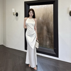 伊莉雅无袖褶皱缎面鱼尾裙女 夏季法式设计感高级感连衣裙CF25184