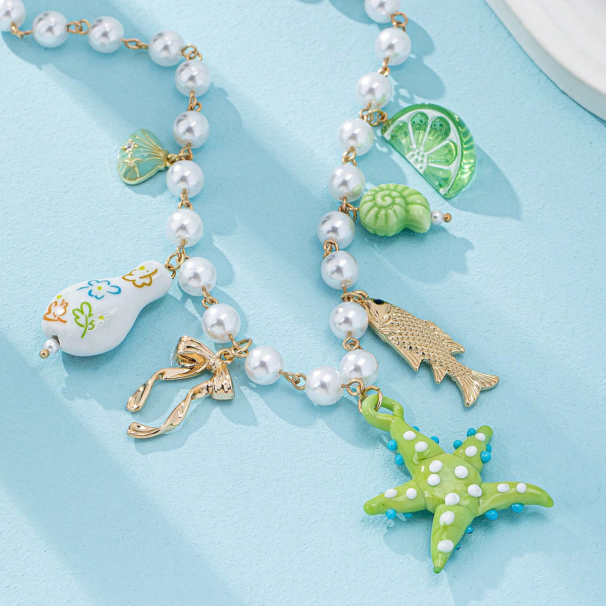 Starfish, Heart Shape, Fish Pattern Beach Sweet Starfish Heart Shape Fish Imitation Pearl Alloy Ceramics Handmade Chain Lobster Trigger Clasp Closure Pendant Necklaces Wholesale