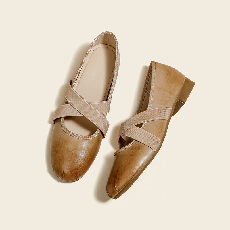 Lambskin Flat Ballet Shoes for Women, Retro Thick Heel Shoes with Skirt, French Fairy Style Mary Jane Women's Shoes