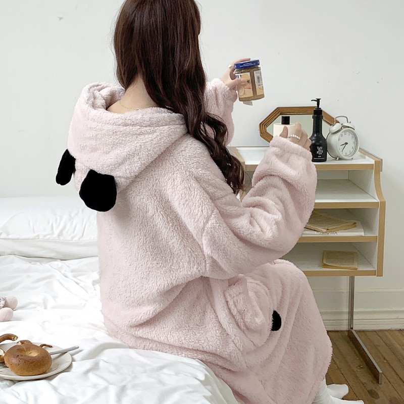 2024 camisón de lana de coral de las mujeres de otoño e invierno largo más el tamaño con capucha, además de terciopelo Albornoz pijamas chaqueta desgaste del hogar transmisión en vivo