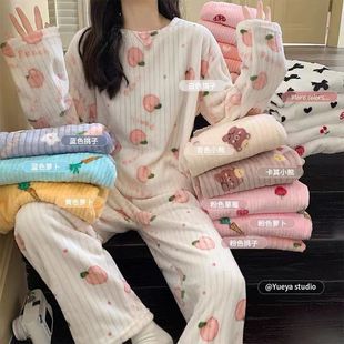 Cute Sweet Autumn and Winter Pajamas Women Can Wear 2021 New Coral Fleece Warm Thickened Long Sleeve Home Clothes suit