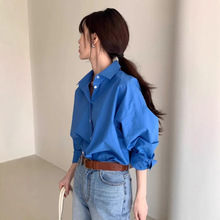 韩国chic小众复古克莱因蓝长袖衬衫女单排扣宽松休闲慵懒风衬衣