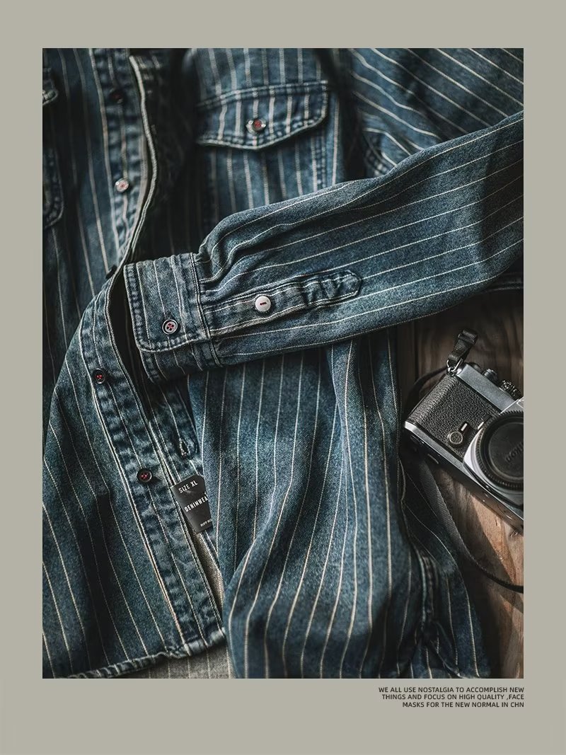Herren Denim Hemd Japanischer Retro Style Langarm Gestreift_voghion.com