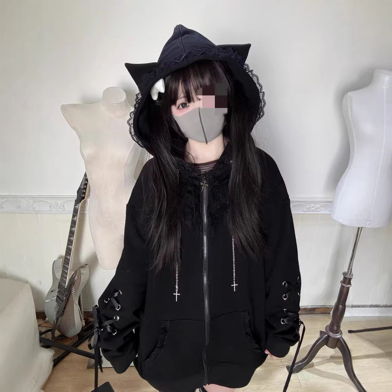 Subculture Style Solid Color Dark Gothic Style Hoodie with Cat Ear Decoration Y2K Loose Long-Sleeved Girly Style Sweatshirt