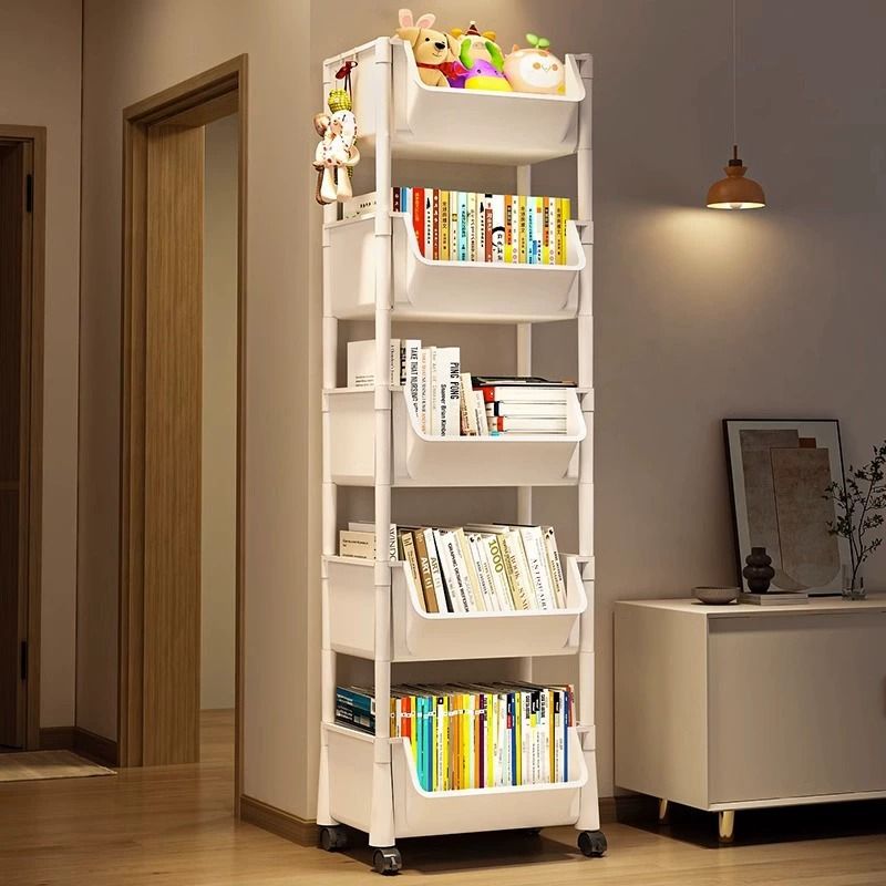 Bookshelf Floor-Standing Storage Rack Multi-Layer Children's Toy Storage Trolley Mobile Wheeled Living Room Kitchen Storage Shelf