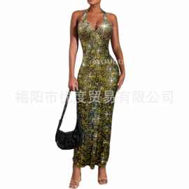 bling水钻V领网纱气质修身长裙晚会红毯舞台时装秀优雅礼服白桦林