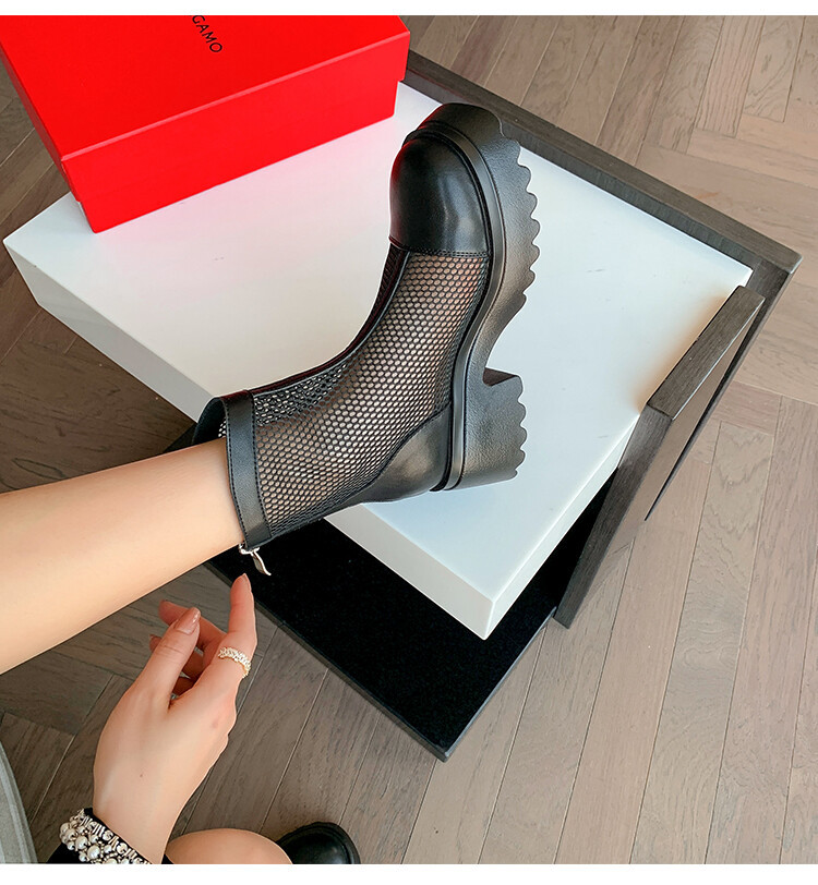 Boot nữ cổ cao đế dày gót bánh xốp da bò lưới thoáng khí xuân hè 2024 — Màu đen, Màu trắng be chi tiết 33
