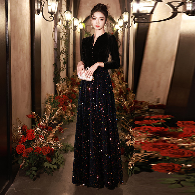 Sequin Evening Dress, High-End Elegant Black Long-Sleeved Dress, Stage Host, Student Art Exam, Coming-Of-Age Ceremony Long Dress, Light Luxury