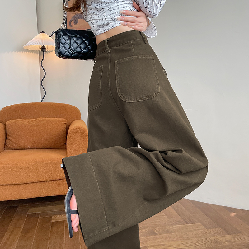 Coffee denim wide-leg pants for women with wide-legged flesh covering flesh to make them look slimming in autumn and winter new high-waisted velvet draped floor-moving trousers