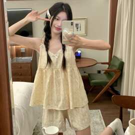 韩国ins夏季新款睡衣女韩系温柔花色可爱花边吊带套装舒适家居服