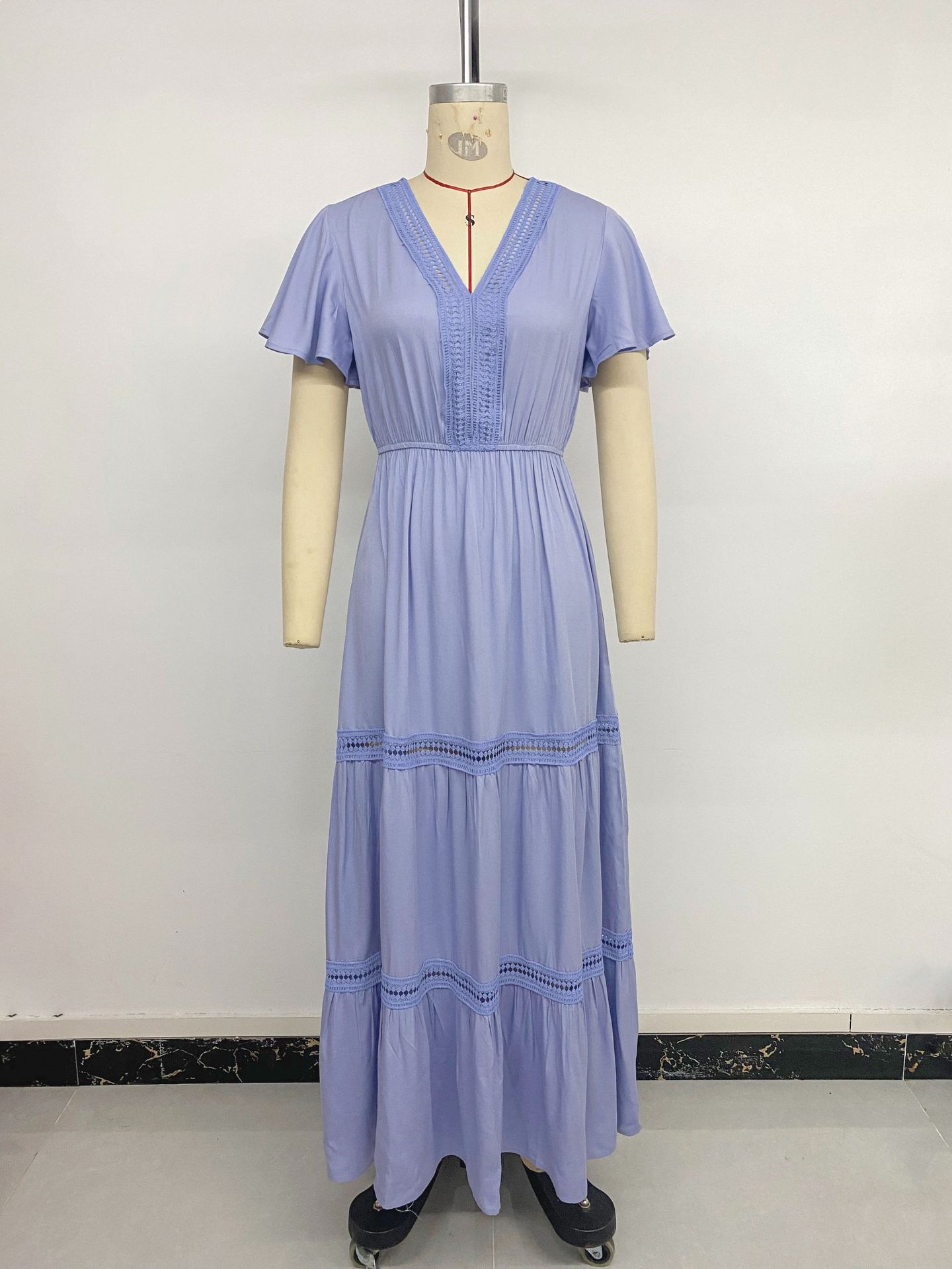 Women's Clothing Elegant Style Women's Long Sleeve Lace Ruffle Sleeve V Neck Solid Color Dress Full Skirt Fashion_ecoleips.com