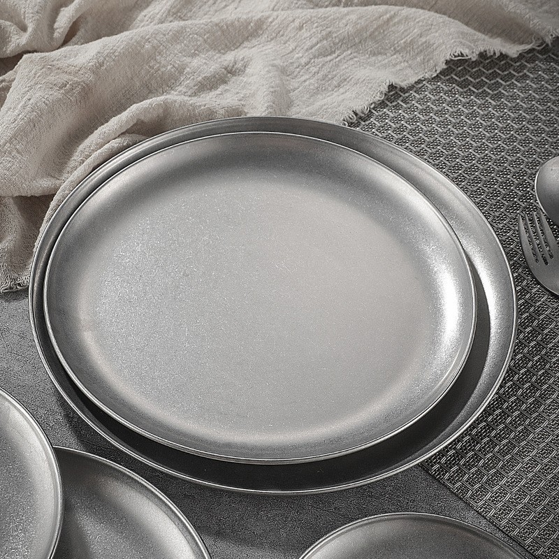 Estilo retro coreano disco de acero inoxidable apenado placa superficial postre pastel plato de hueso bandeja de la tienda de café