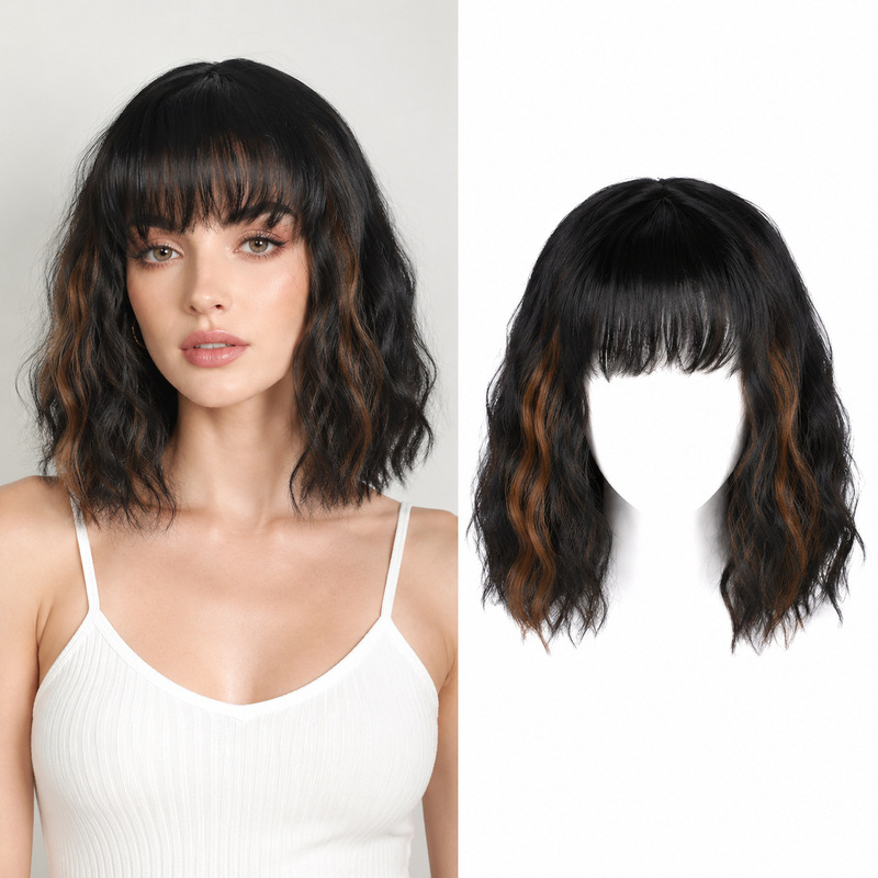 Cross-Border Wig for European and American Women with Bangs, Short Bob Curly Hair, 14-Inch, Daily Use Synthetic Fiber Wig