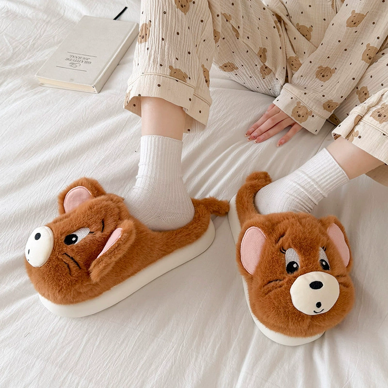 Cartoon fleece slippers, keep warm shoes for pregnant, comfortable footwear