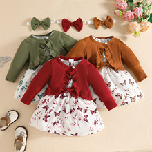 欧美婴童女孩荷叶边长袖外套+背心蝴蝶图案连衣裙+发带三件套秋冬