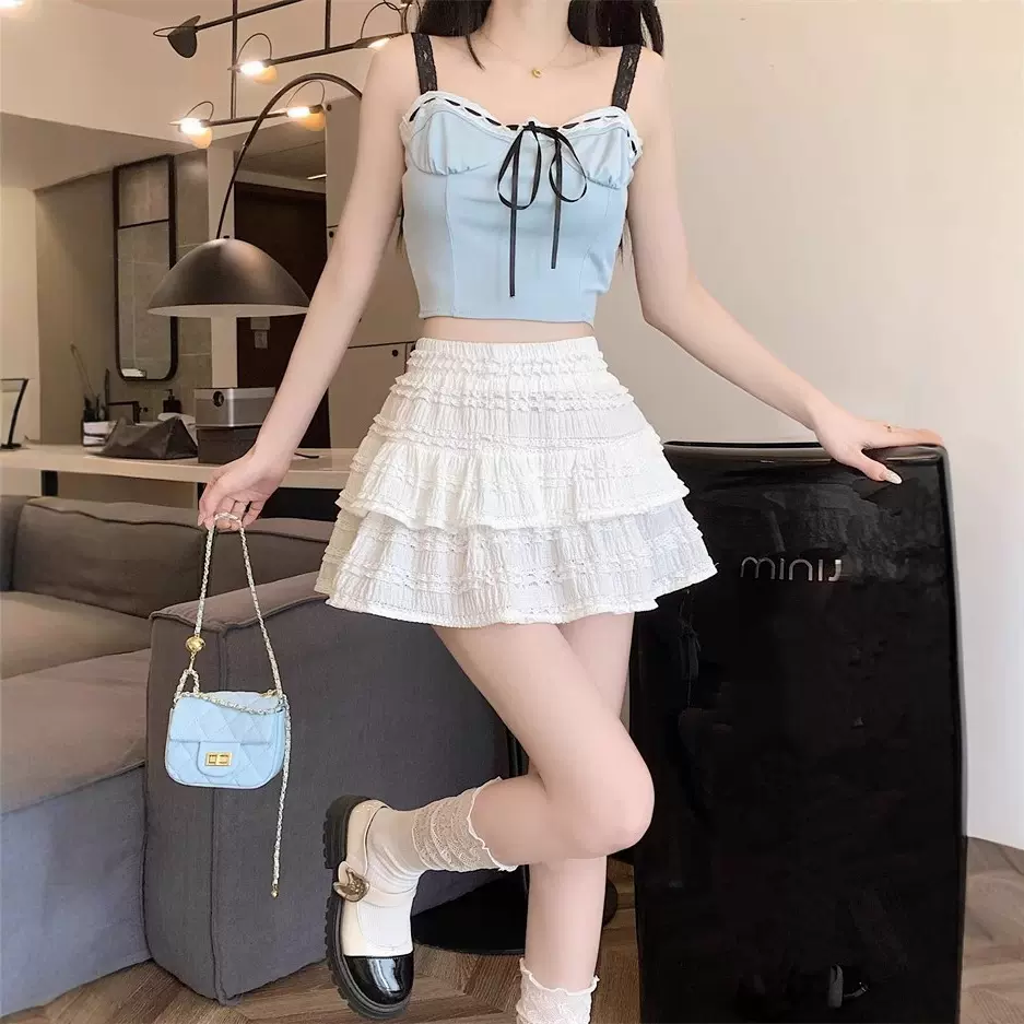 清纯系夏日绝美芭蕾小裙子miu里miu气穿搭纯欲风连衣裙蓬蓬公主裙