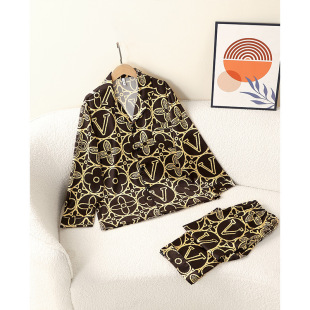 Couple Big Flower Black Gold Light Luxury High-end Early Spring Ice Silk New Long-sleeved Comfortable suit Home Clothes