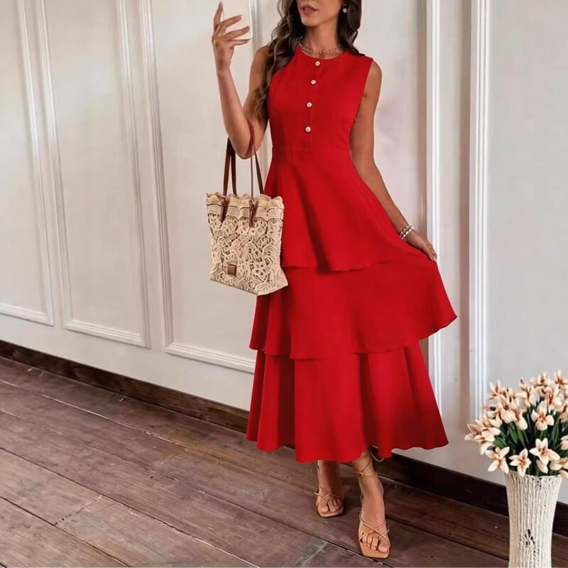 Elegant Red Sleeveless Round Neck Layered A-line Long Dress for Women, Suitable for Casual Outings and Special Occasions Elegant Red Sleeveless Round Neck Layered A-line Long Dress for Women, Suitable for Casual Outings and Special Occasions