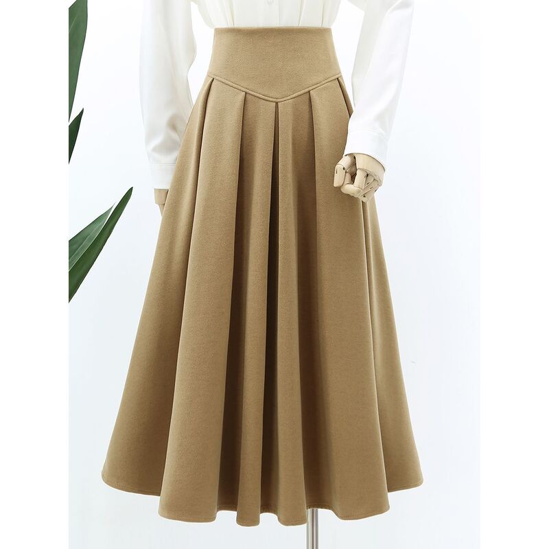 New Style Draped Skirt Spring and Autumn High Waist Slimming Design Western Style Pleated Skirt Mid-length Skirt V Waist Umbrella Skirt