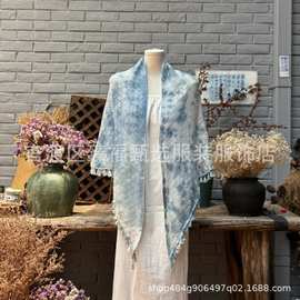 扎染蓝染蓝白染针织镂空三角披肩围巾凹造型装饰防晒保暖三角巾