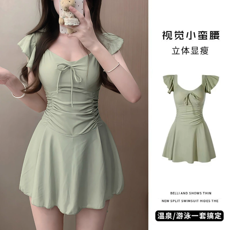 Купальник женский 2025 новый цельный консервативный юбка маленький летающий рукав покрывает живот