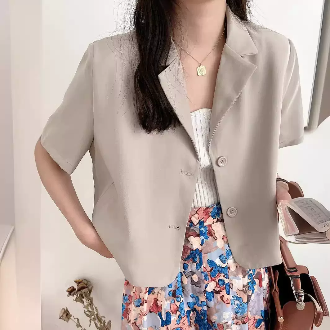 莉之绮短款西装外套女秋季新款短袖设计感宽松西服薄款上衣110953