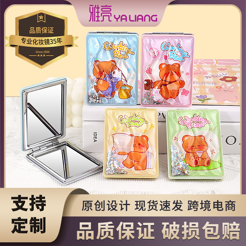 Moda creativa de moda rectangular pantalla completa espejo de maquillaje de arena flotante se puede presionar pequeño espejo portátil espejo de maquillaje