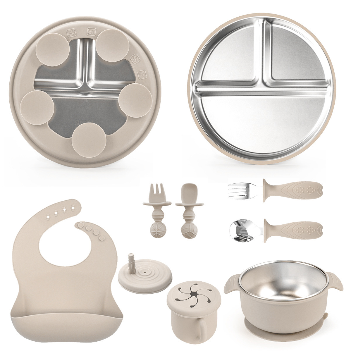Tazón de alimentos suplementarios personalizados para bebés 304 cubiertos de acero inoxidable juegos de cubiertos de silicona para niños patrón impreso