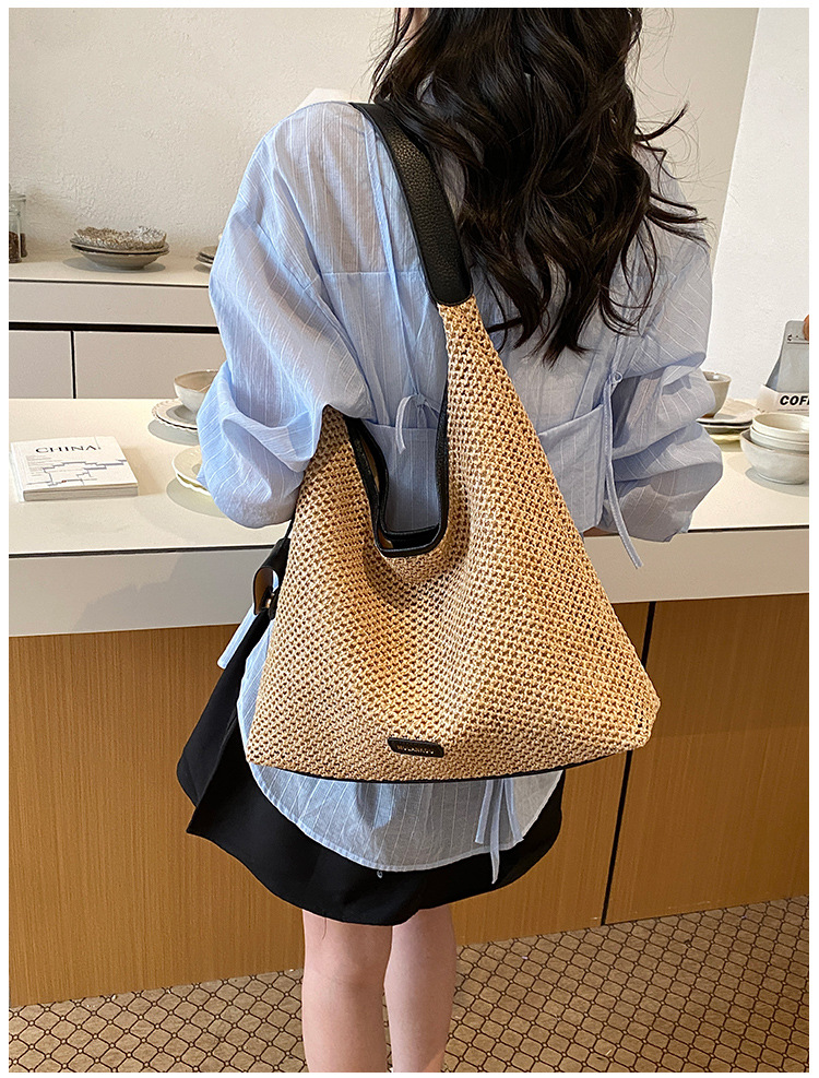 Gewebte Schultertasche Französischer Stil Gestreifte Strohtasche_voghion.com