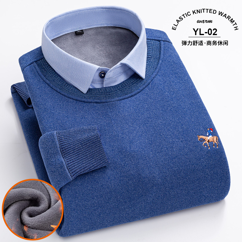 冬季男士蓝色针织拼接假两件保暖衬衫青年商务加绒加厚打底衬衣厚