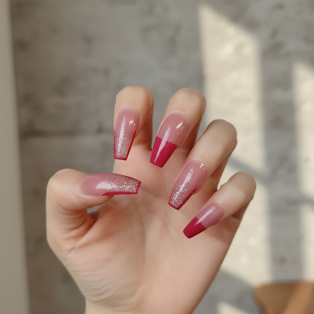 Uñas postizas francesas trapezoidales brillantes color rojo cereza, estilo para viajeros internacionales, arte de uñas que ilumina la piel, 24 piezas de uñas postizas al por mayor en stock.