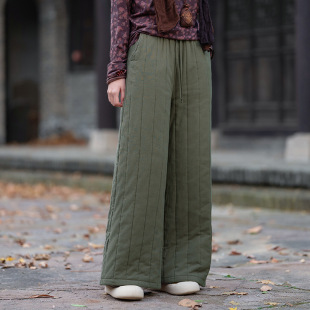 25 Winter New Cotton Linen Women's Clothing Artistic Retro Drawstring Padded Quilted Cotton Pants Women's Warm Thickened Wide Leg Pants