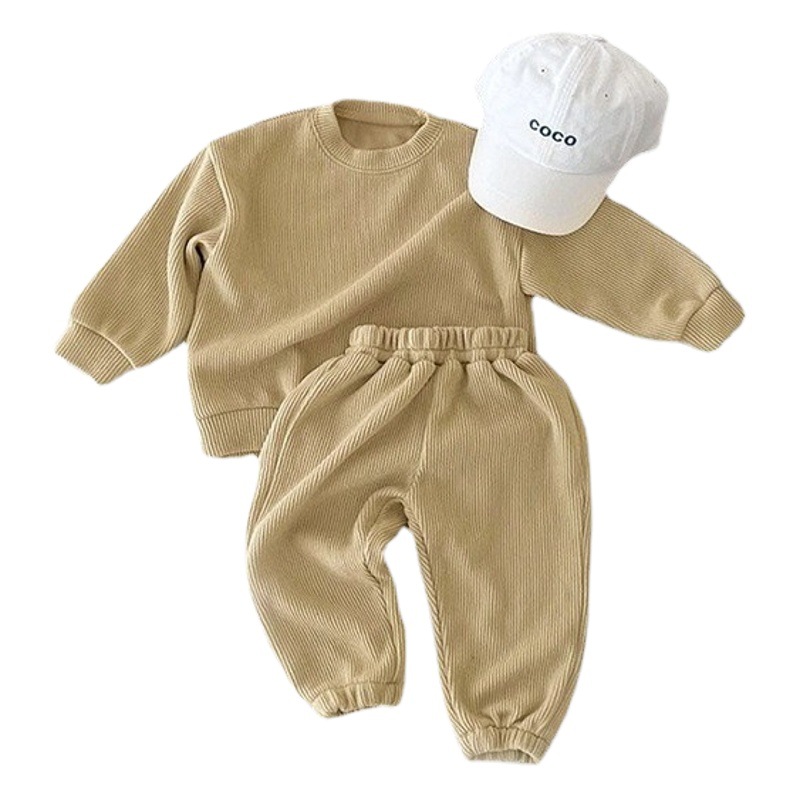 2025 primavera y otoño nuevo traje deportivo para bebés y niños pequeños y medianos, traje de dos piezas suelto casual de algodón para niños y niñas
