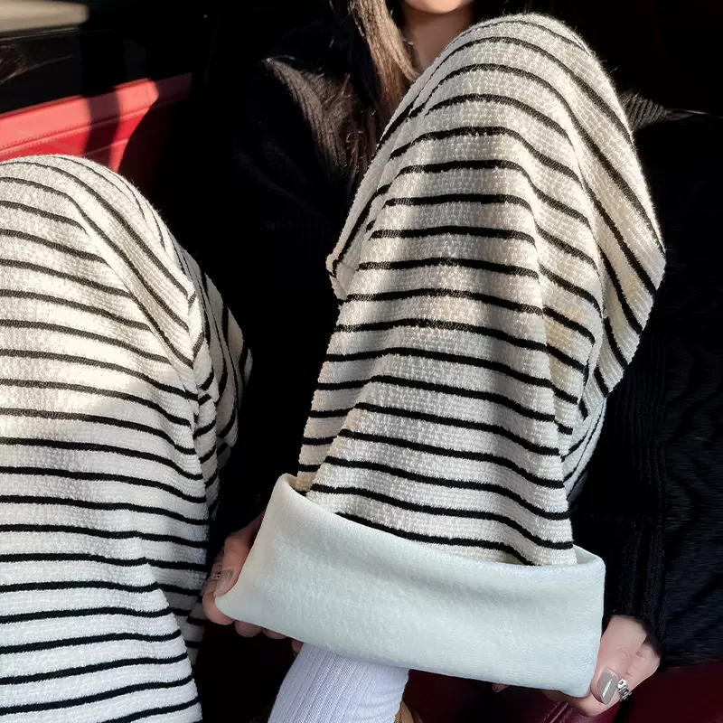 加绒条纹阔腿裤女秋冬高腰垂感休闲遛弯裤软糯慵懒针织拖地长裤子